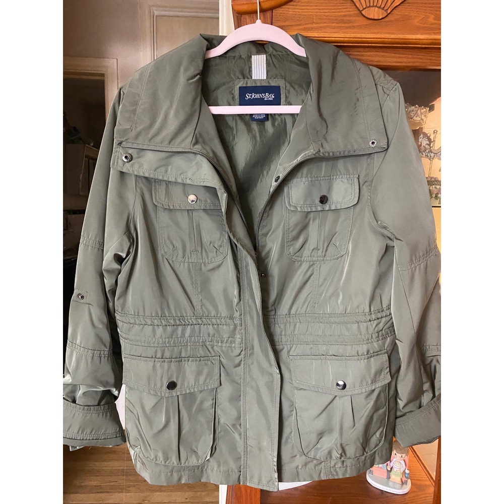 St Johns Bay Womens Olive Green Utility Field Jacket Size Large Full Zip Pocket